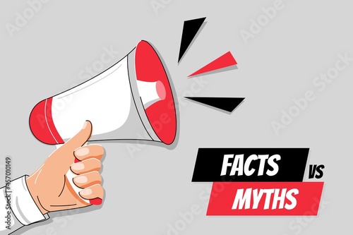 Myths vs facts Vector illustration on white background Thin line speech bubbles with facts and myths Male hand holding megaphone with Myths vs facts speech bubble Concept of thorough fact-checking