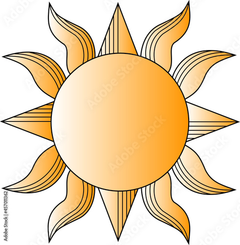 Beautiful elegant and clean style sun with curvy rays of light and golden gradient resembling art nouveau decorations and motifs