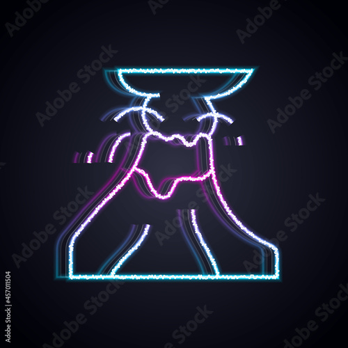 Glowing neon line Volcano eruption with lava icon isolated on black background. Vector