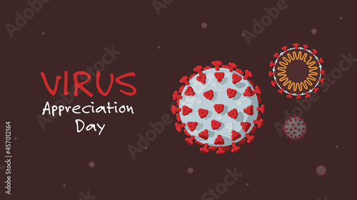 Detailed flat vector illustration of several virus particles floating in the air with one showing it's genetic code. Virus appreciation day.