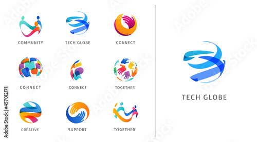 Logo set, creative, technology, biotechnology, tech icons concept design. Colorful abstract logos of creativity, community, ideas and support 