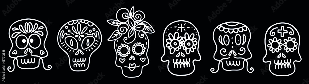 Collection of vector linear illustrations of decorated skulls of different types on black background for Halloween celebration concept designs