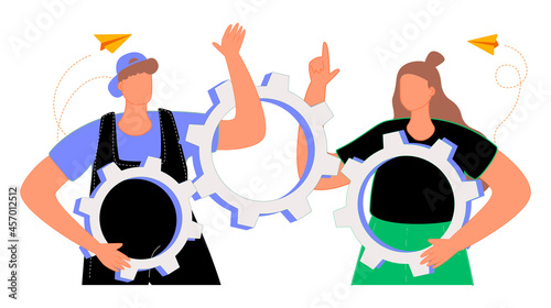 Business concept of vector illustration, little people links of mechanism, business mechanism, abstract background with gears, people are engaged in business promotion, strategy analysis, starting the