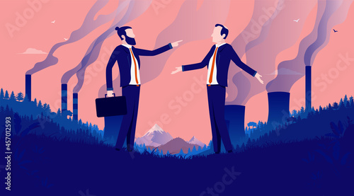 Pollution blaming - Two corporate businessmen standing in polluted landscape putting blame on each other. Corporations and climate change concept. Vector illustration.