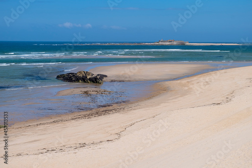 Panoramic view of Praia de Moledo beach and Forte da Insua fortress. Municipality of Caminha, Portugal.