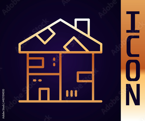 Gold line Homeless cardboard house icon isolated on black background. Vector