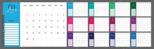 Calendar 2022 template planner. Colorful planner 2022 with calendar. Vector illustration. Blank white notebook page A4. Printable template. Week Starts on Sunday