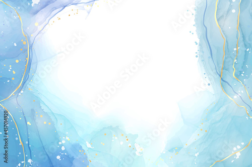 Abstract turquoise and teal blue liquid marbled watercolor background with wave pattern and golden cracks. Cyan alcohol ink marbled drawing effect. Vector illustration design template for invitation