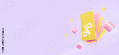 3d coupons with gifts and a coins. A horizontal banner with an empty space. 3d rendering.
