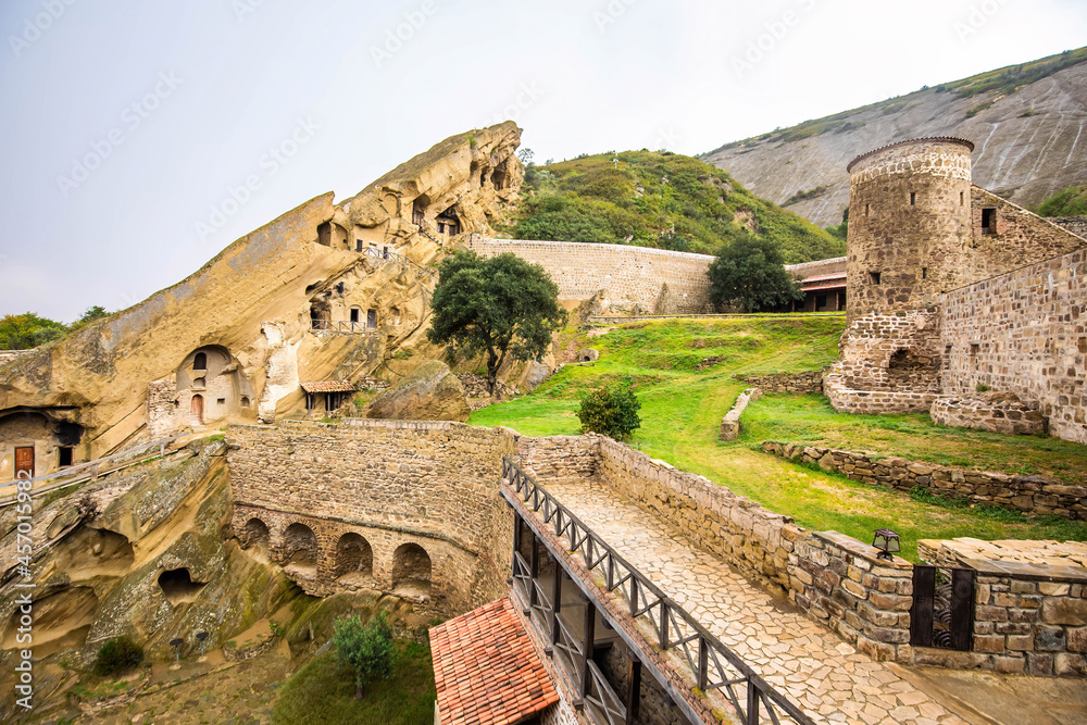 View of David Gareja Lavra orthodox monastery caves built in rock
