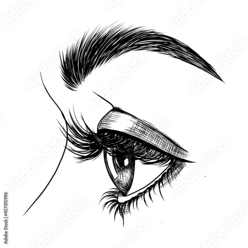 Eye profile, side view. Long eyelashes. Black and white hand-drawn fashion illustration. Vector EPS 10.