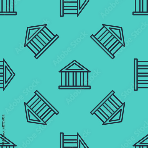 Black line Bank building icon isolated seamless pattern on green background. Vector