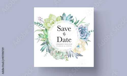 elegant wedding invitation card with beautiful succulent flower watercolor