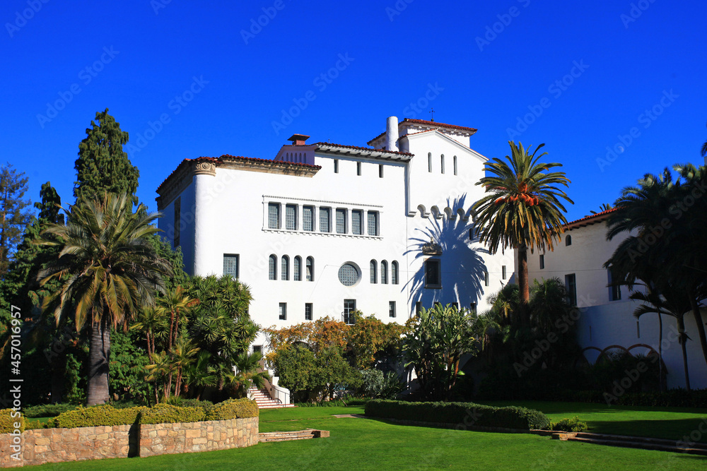 Santa Barbara County Courthouse is a Spanish Colonial Revival style building and completed in 1929. The building is at 1100 Anacapa Street in historic city center of Santa Barbara, California CA, USA.