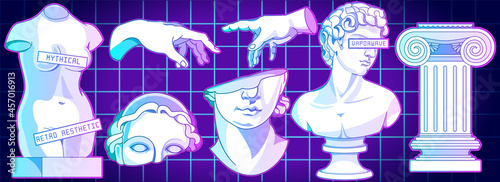 Vaporwave ancient sculpture on modern contemporary wide banner. Mysterious neon glowing style. Editable vector set of isolated illustrations in surreal art style.
