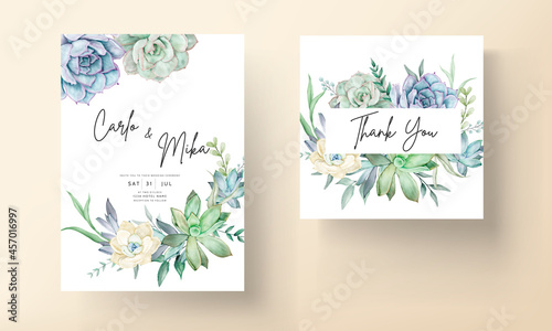 elegant wedding invitation card with beautiful succulent flower watercolor