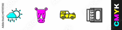 Set Cloud with rain, Rhinoceros, Off road car and Matchbox and matches icon. Vector