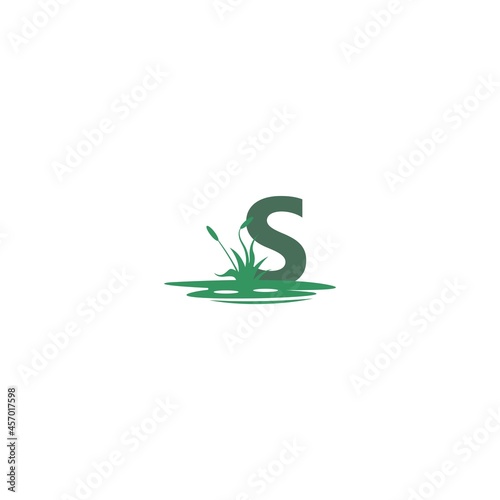 letter S behind puddles and grass template