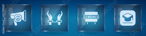 Set Peace, Handcuffs on hands of criminal, Censored stamp and Graduation cap. Square glass panels. Vector