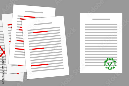 Stack of papers with red corrections, and final corrected document