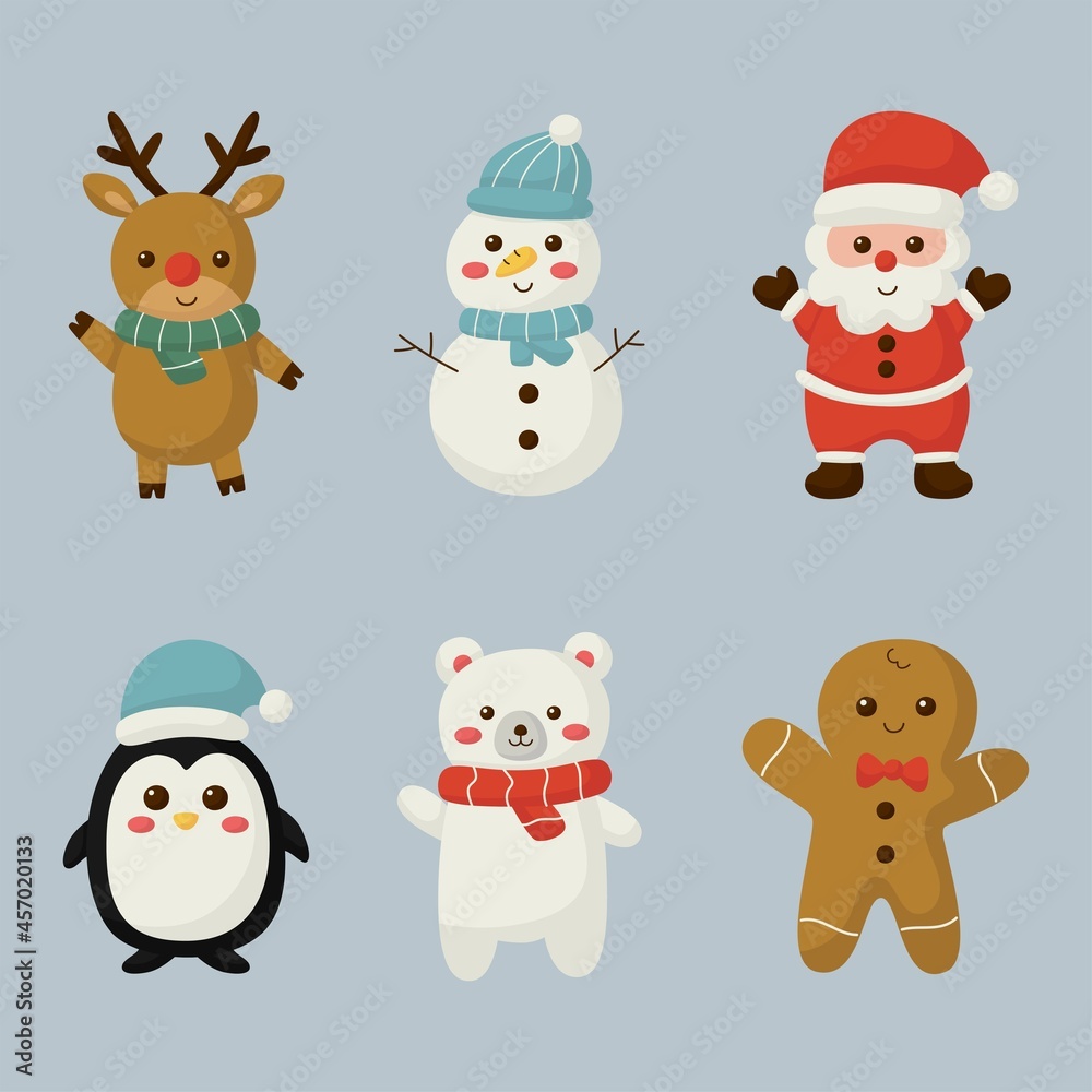 cute christmas characters elements set isolated on blue background. cute christmas characters elements set isolated on blue background.