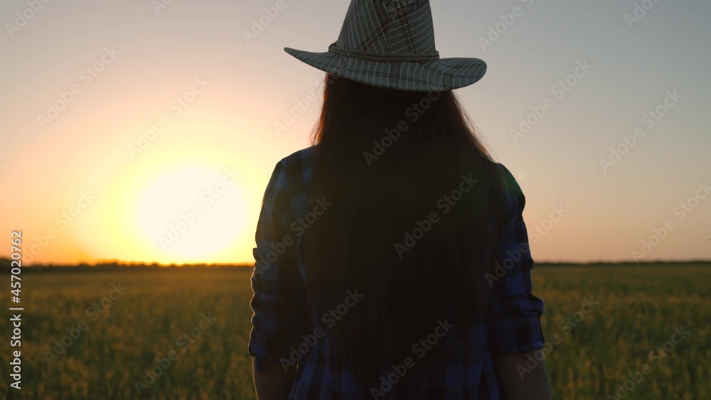 A woman farmer walks in boots on wheat field at sunset, farmer observes the ears of wheat in field in sun, checking harvest. Agricultural business. Grow grain, food. Business woman at plantation
