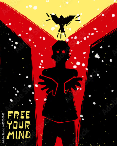 Conceptual illustration of someone releasing a bird to freedom. Bold colors and caption: "FREE YOUR MIND"