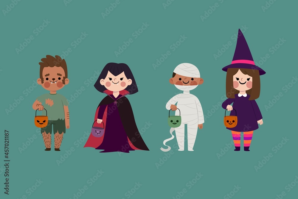 flat halloween kid collection yellow background vector design illustration flat halloween kid collection yellow background vector design illustration