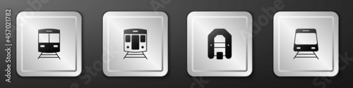Set Train and railway, Rafting boat and icon. Silver square button. Vector