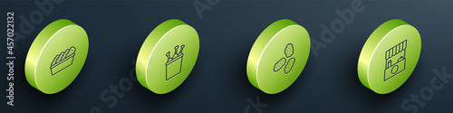 Set Isometric Chicken nuggets in box, leg package, and Street stall with awning icon. Vector