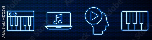 Set line Head people with play button, Music synthesizer, Laptop with music note, Music synthesizer and Music streaming service. Glowing neon icon on brick wall. Vector