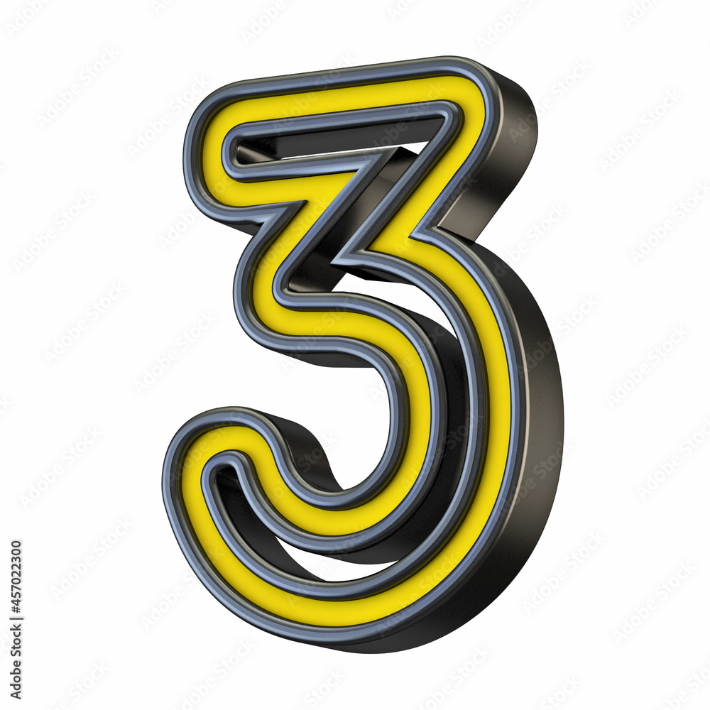 Yellow black outlined font Number 3 THREE 3D Yellow black outlined font Number 3 THREE 3D