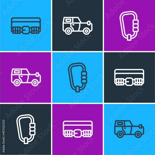 Set line Hunting cartridge belt, Carabiner and Off road icon. Vector