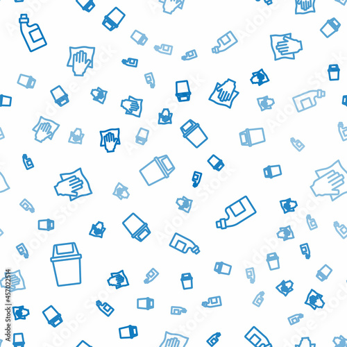 Set line Trash can, Bottle for cleaning agent and Cleaning service on seamless pattern. Vector