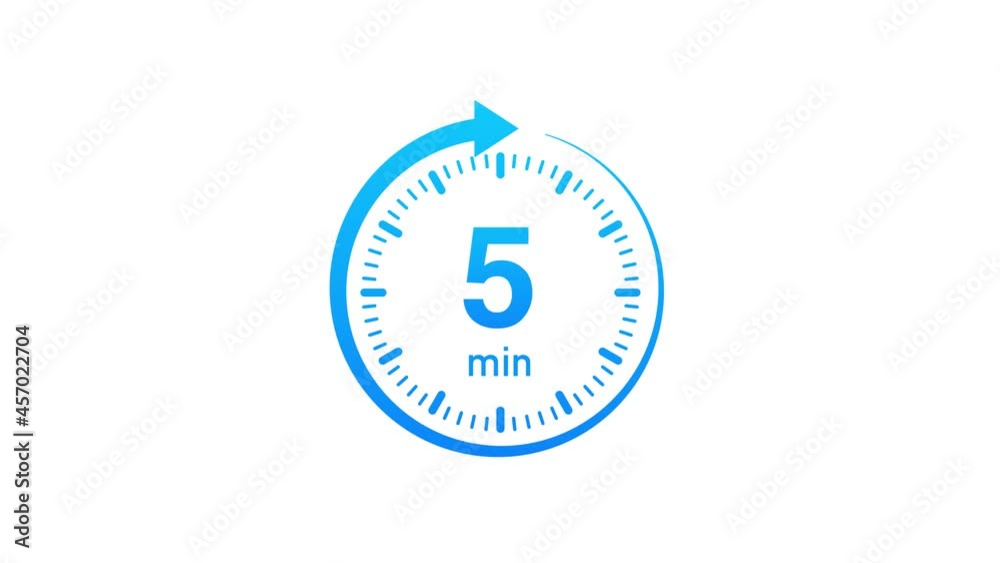 The 5 minutes, stopwatch icon. Stopwatch icon in flat style. Motion graphics.