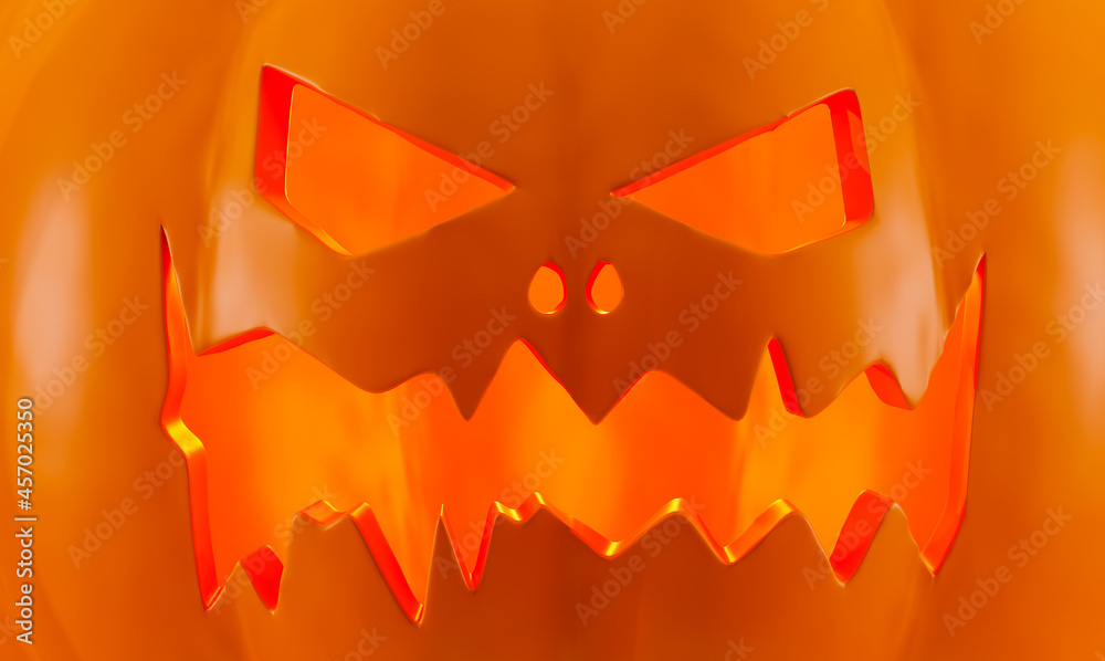 Fototapeta premium Scary Jack O Lantern halloween pumpkin, close-up. Background for a Halloween banner, 3d rendering. Creepy pumpkin close-up, 3d