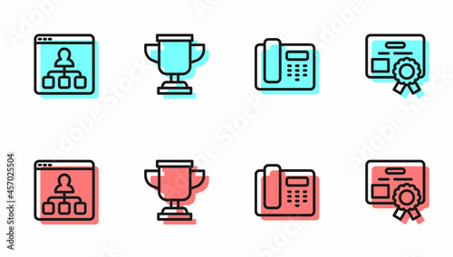 Set line Telephone 24 hours support, Online education, Award cup and Certificate template icon. Vector