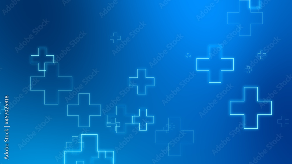 Medical health blue cross neon light shapes pattern background. Abstract healthcare technology and science concept.