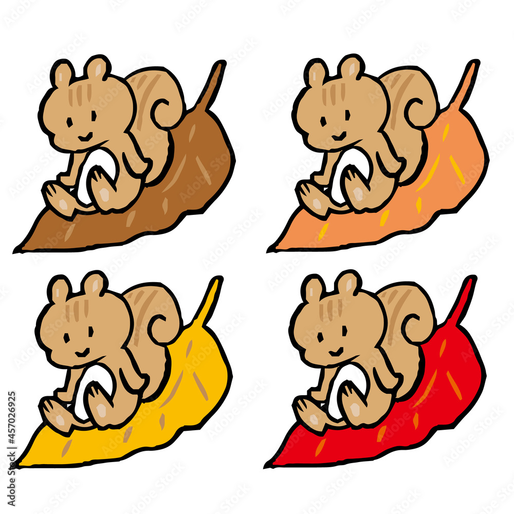 Obraz premium 落ち葉に乗るリスのイラスト 4種類
