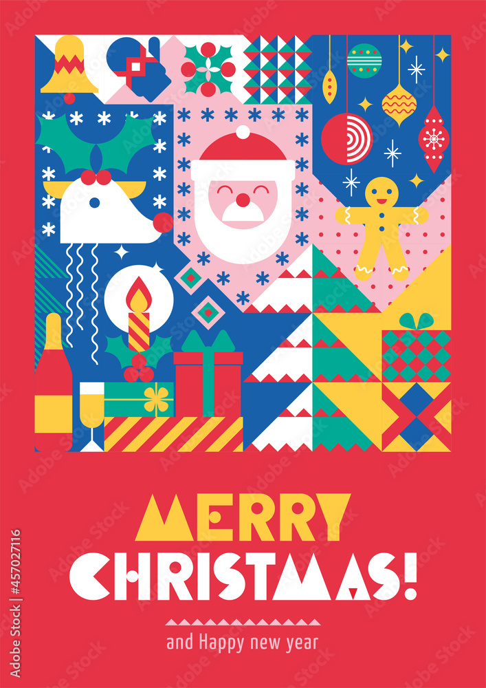 Christmas creative poster with geometric composition of  holiday's simbols simple shapes. Flat style, geometry, mosaic, modern concept. Christmas festive background for cover, invitation, magazine