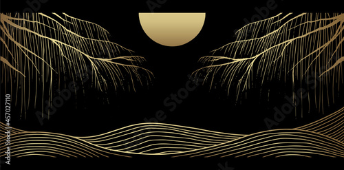 Desert line art background, luxury gold wallpaper design