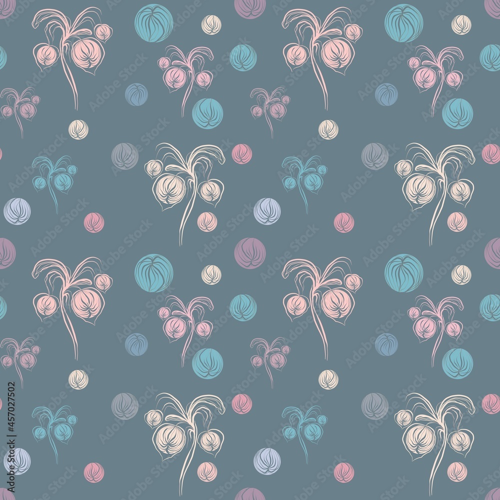 Seamless abstract floral pattern with spheres and flowers on a grey background Seamless abstract floral pattern with spheres and flowers on a grey background