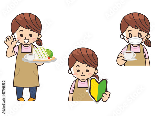 カフェの女性店員　求人募集　初心者マーク　マスク着用