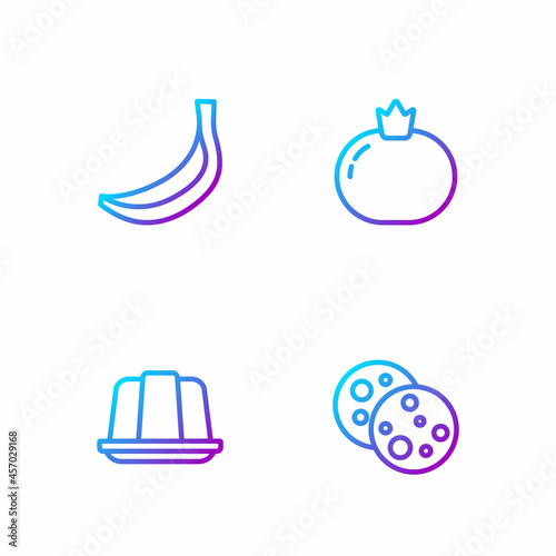 Set line Cookie with chocolate, Jelly cake, Banana and Tomato. Gradient color icons. Vector
