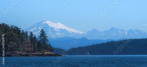 Mount Baker towers above the San Juan Islands and Salish Sea in the beautiful Pacific Northwest.
