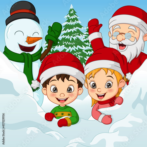 Christmas celebrating with kids, snowman and santa claus