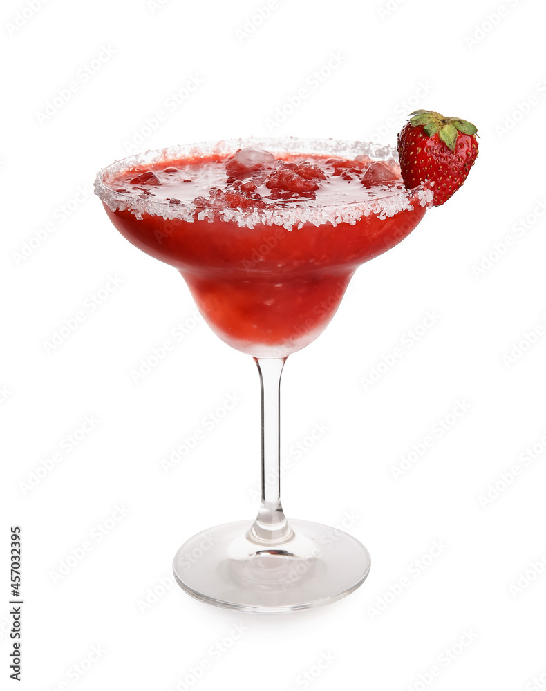 Glass of tasty strawberry margarita on white background Glass of tasty strawberry margarita on white background