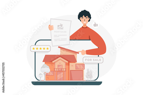 A man sells the best house online on illustration concept
