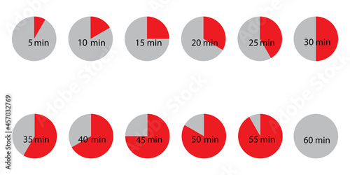 Icon with red part time minutes for web. Red hours set. Timer icon. Clock emblem. Vector illustration. Stock image.