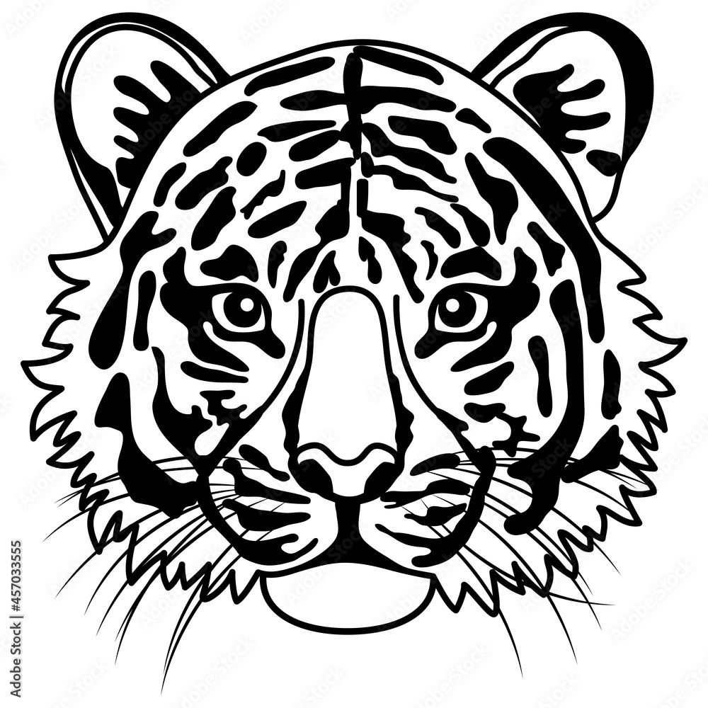 正面を向いた虎の顔の白黒イラスト